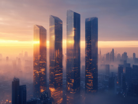 skyscrapers standing tall in a cityscape at dawn, with the first light of the day reflecting off their glass facadesの素材