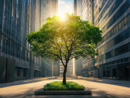 tree in an eco-friendly urban space, surrounded by sustainable architecture and renewable energy sourcesの素材