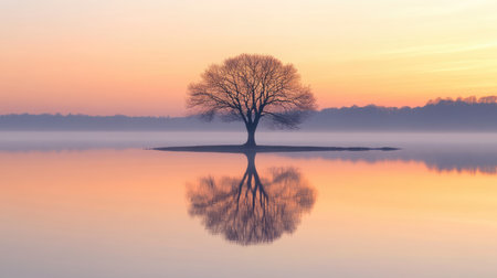 tree reflecting in a calm lake at sunrise, with soft orange and pink hues in the sky, creating a serene and peaceful sceneの素材