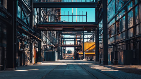 urban landscape featuring modern industrial buildings, with large steel structures standing in an empty streetの素材