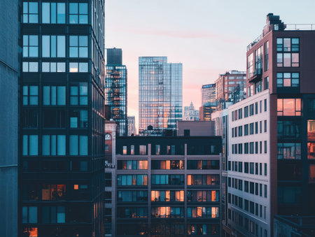 urban architecture with a mix of modern and industrial buildings, captured in soft evening lightの素材