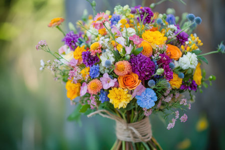 A bouquet of wildflowers in vibrant colors, hand-tied with twine, perfect for a rustic wedding or outdoor celebrationの素材