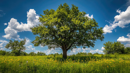tree surrounded by nature, with tall grass and wildflowers growing at the base, under a bright blue skyの素材