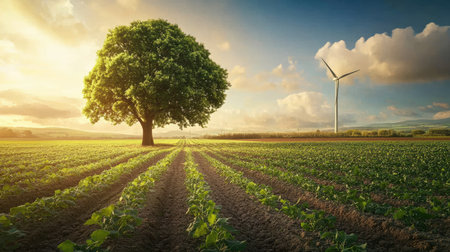 tree in a sustainable farm, surrounded by crops and eco-friendly farming practices, with a wind turbine in the distanceの素材