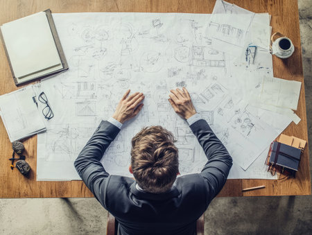 young businessman working on a startup idea, sitting at a large table with blueprints and diagrams spread acrossの素材