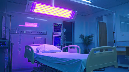 UV sterilization device being used in a hospital room, ensuring cleanliness and hygiene in healthcare settingsの素材