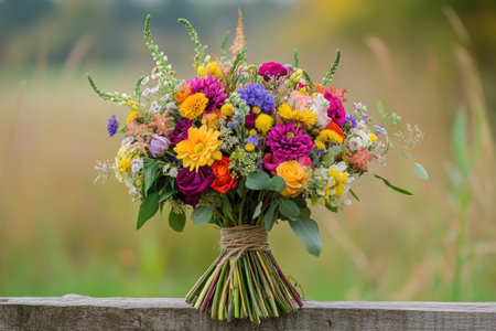 A bouquet of wildflowers in vibrant colors, hand-tied with twine, perfect for a rustic wedding or outdoor celebrationの素材