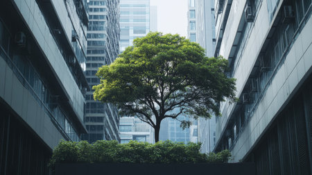 tree thriving in an urban environment, with modern buildings rising around it, showing the balance between nature and developmentの素材