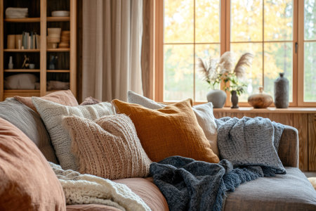 Cozy family home with warm, earthy tones, wooden accents, and a soft, welcoming interior filled with lightの素材