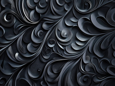 Dark pattern background with intricate, swirling designs in shades of gray, creating a sophisticated and modern lookの素材
