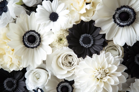 Black and white flower arrangement with intricate textures and bold contrasts, creating a striking, artistic lookの素材