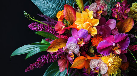 Exotic flower species in vibrant hues, with rare orchids and tropical foliage creating a bold and colorful arrangementの素材