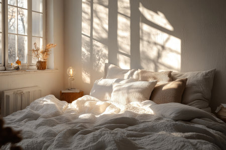 Cozy home bedroom with soft textiles, warm lighting, plush bedding, and neutral colors for a peaceful retreatの素材