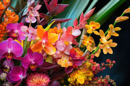 Exotic flower species in a vibrant arrangement, showcasing orchids, bird-of-paradise, and rare tropical bloomsの素材