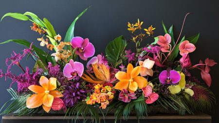 Exotic flower species in vibrant hues, with rare orchids and tropical foliage creating a bold and colorful arrangementの素材