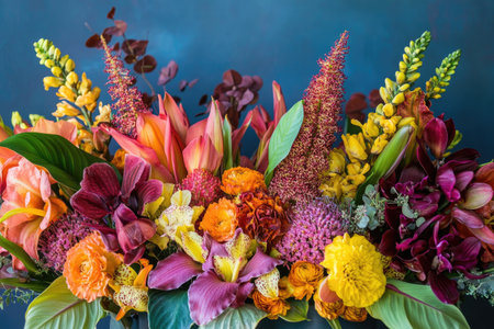 Exotic flower species in a bold arrangement, showcasing unique blooms from tropical regions in vibrant colorsの素材