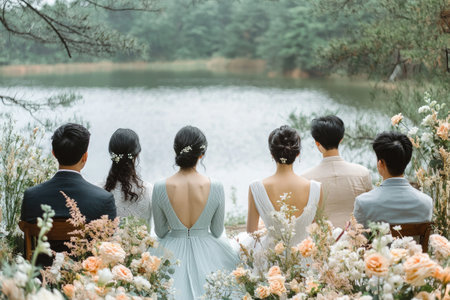 Intimate wedding ceremony by the lake, with a small group of guests, soft pastel flowers, and a peaceful, serene atmosphereの素材