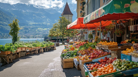 A traditional Swiss market with colorful stalls and fresh produce.の素材