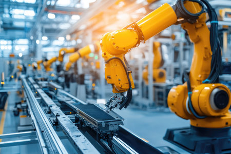 Industry and automation, with robotics handling assembly and quality control in a state-of-the-art facilityの素材