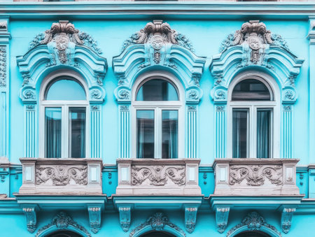 Light blue details on a classic building, with intricate carvings around the windows and doorsの素材