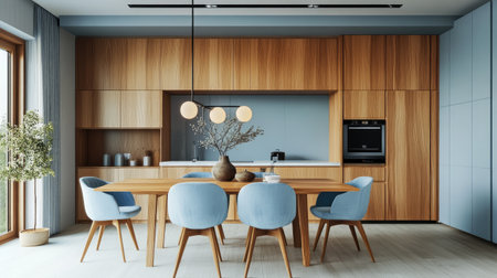 A light blue and wood combination in a dining room, with a wooden table and light blue chairsの素材