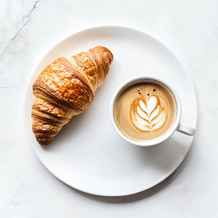 top view of a coffee cup and croissant on a white table, perfect for a quick breakfastの素材