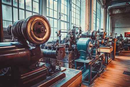 Restored vintage industry machines in a factory museum, showcasing old technology still in useの素材