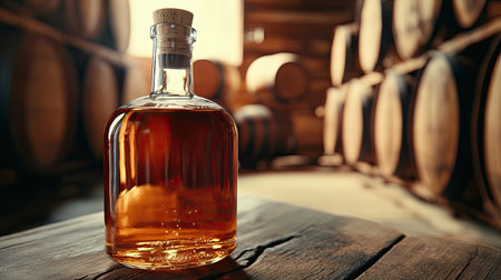 Aged golden bourbon in a bottle, with rustic wooden barrels in the backgroundの素材