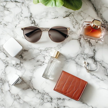 top view of a stylish flat lay with elegant accessories, a wallet, sunglasses, and perfume on a marble surfaceの素材
