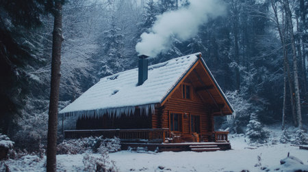 A cozy winter season cabin with smoke rising from the chimney and snow covering the roofの素材