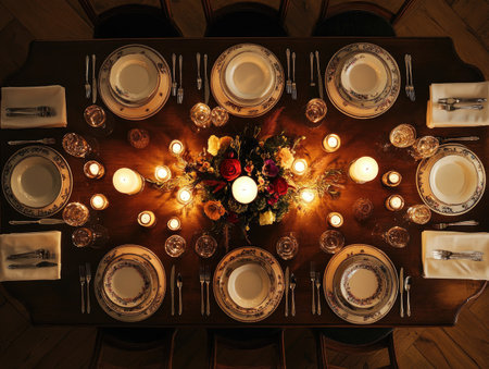 top view of a beautifully set dining table with elegant dishware, wine glasses, and candles, ready for a fancy dinnerの素材