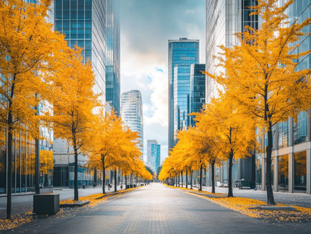 Fall urban architecture with modern buildings and golden trees lining the streets, creating a serene atmosphereの素材