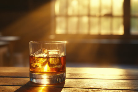 Golden bourbon whiskey glowing in the sunlight, with a rustic wooden table in the backgroundの素材