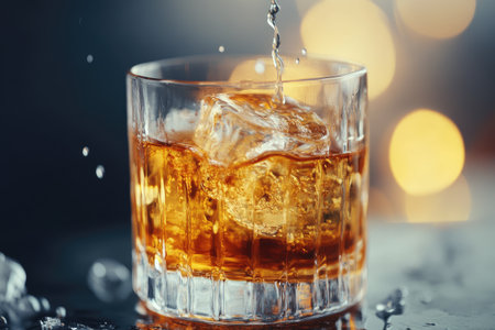 Golden bourbon with charred oak highlights, poured into a glass with elegant iceの素材