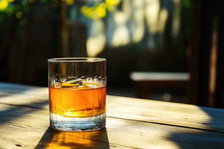 Golden bourbon whiskey glowing in the sunlight, with a rustic wooden table in the backgroundの素材