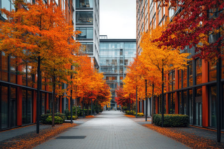 Urban architecture in fall, with modern buildings and streets lined with golden and red treesの素材