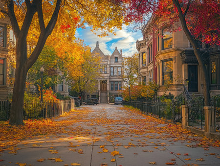 Urban architecture framed by fall trees, with vibrant leaves scattered across the sidewalkの素材