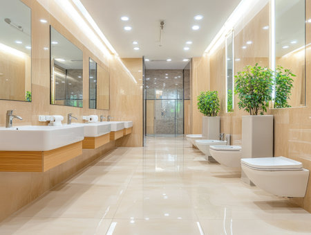 clean public restroom with properly sanitized surfaces and stocked supplies, ensuring hygiene for public healthの素材