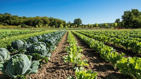 A sprawling vegetable farm with rows of green and root vegetables growing under a clear blue skyの素材
