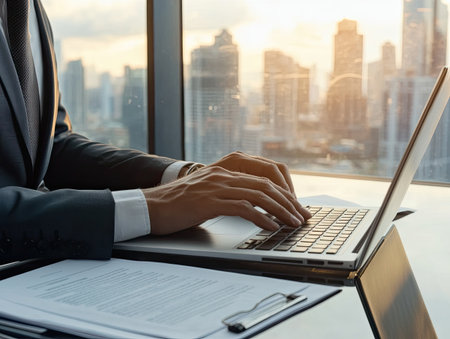 businessman typing on a laptop at a sleek office desk, with documents spread around and a city view in the backgroundの素材