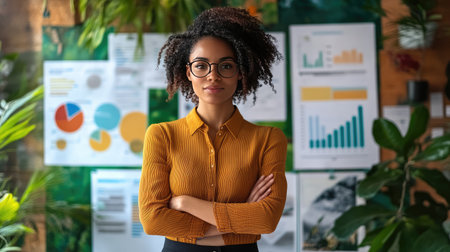 business woman presenting an eco-friendly business model, surrounded by charts on renewable energy and sustainable practicesの素材