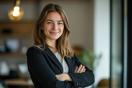 confident business woman standing with her arms crossed in a stylish office, smiling with determinationの素材