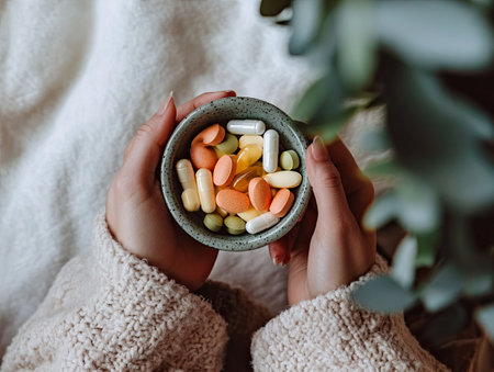 person taking supplements as part of a healthy lifestyle, promoting wellness and balanced nutritionの素材