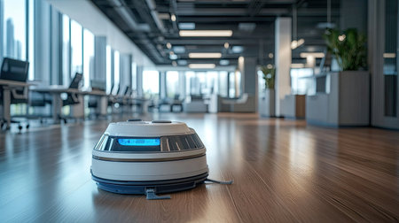 robot cleaning an office space, maintaining cleanliness and efficiency in a modern workplaceの素材