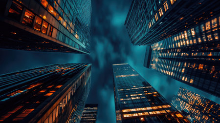 tall skyscrapers against a deep night sky, with the buildings illuminated by city lights and no people aroundの素材