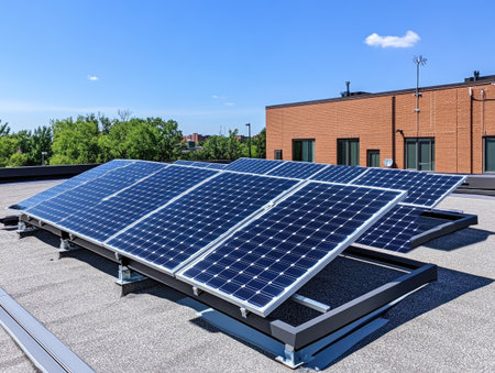 solar panels on a clean, clutter-free rooftop, symbolizing the connection between cleanliness and renewable energyの素材
