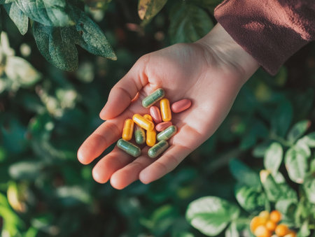 person taking supplements as part of a healthy lifestyle, promoting wellness and balanced nutritionの素材