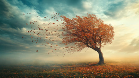 tree swaying in the wind, with leaves scattering across a quiet field, clouds rolling through the skyの素材
