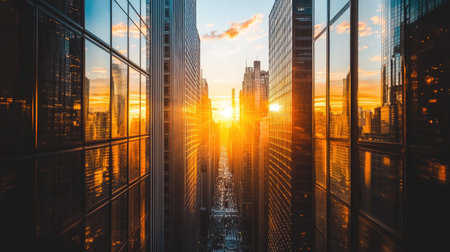 sunset reflecting off tall glass buildings, casting golden light across a city with no people in sightの素材