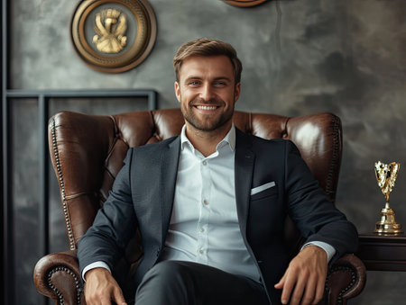 successful businessman sitting in a luxury office, wearing a sharp suit, smiling confidently, with awards on the wall behind himの素材